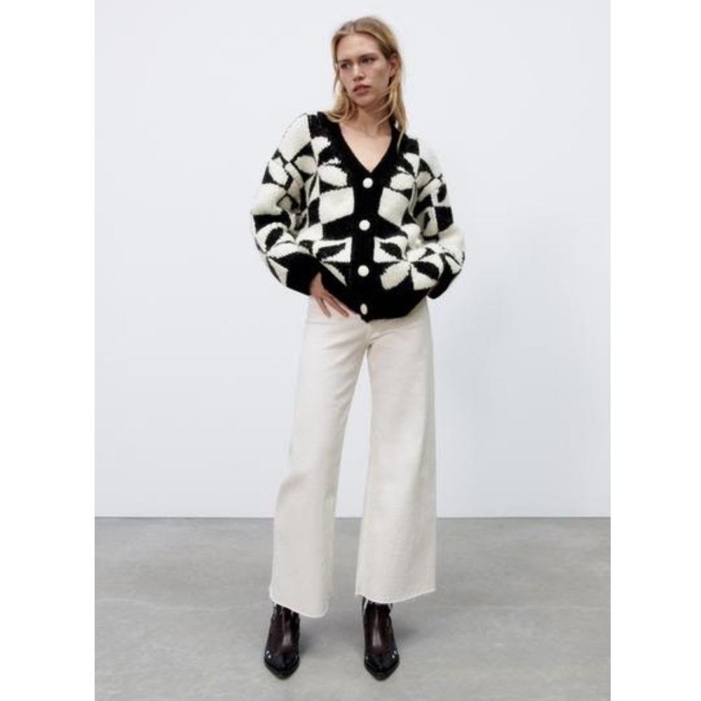 Zara Checkered Knit Jacquard Cardigan